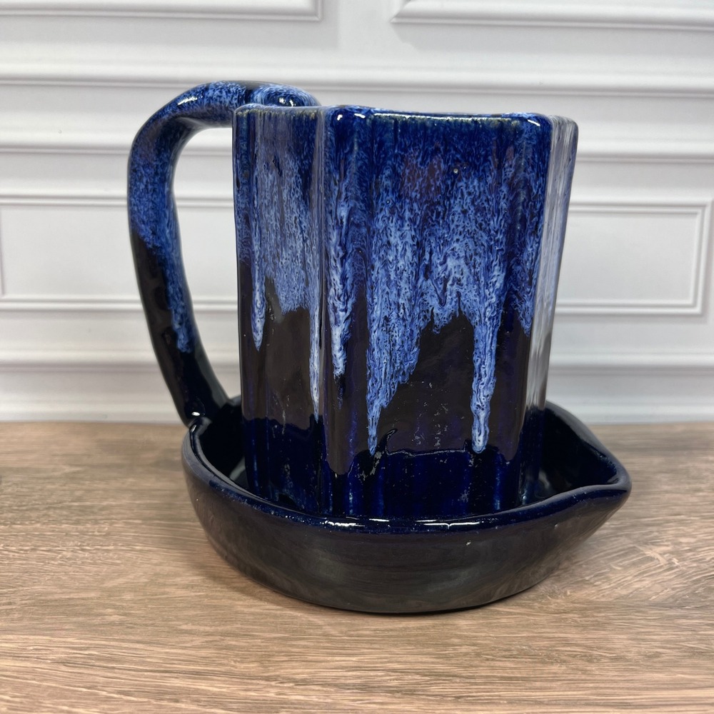 Handmade Studio Pottery Planter Small Blue Drip Glaze Hexagon Handle Spout